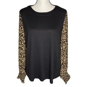 Entro Top Solid Black and Leopard Print Pleated Sleeve Shirred Cuff Size Medium
